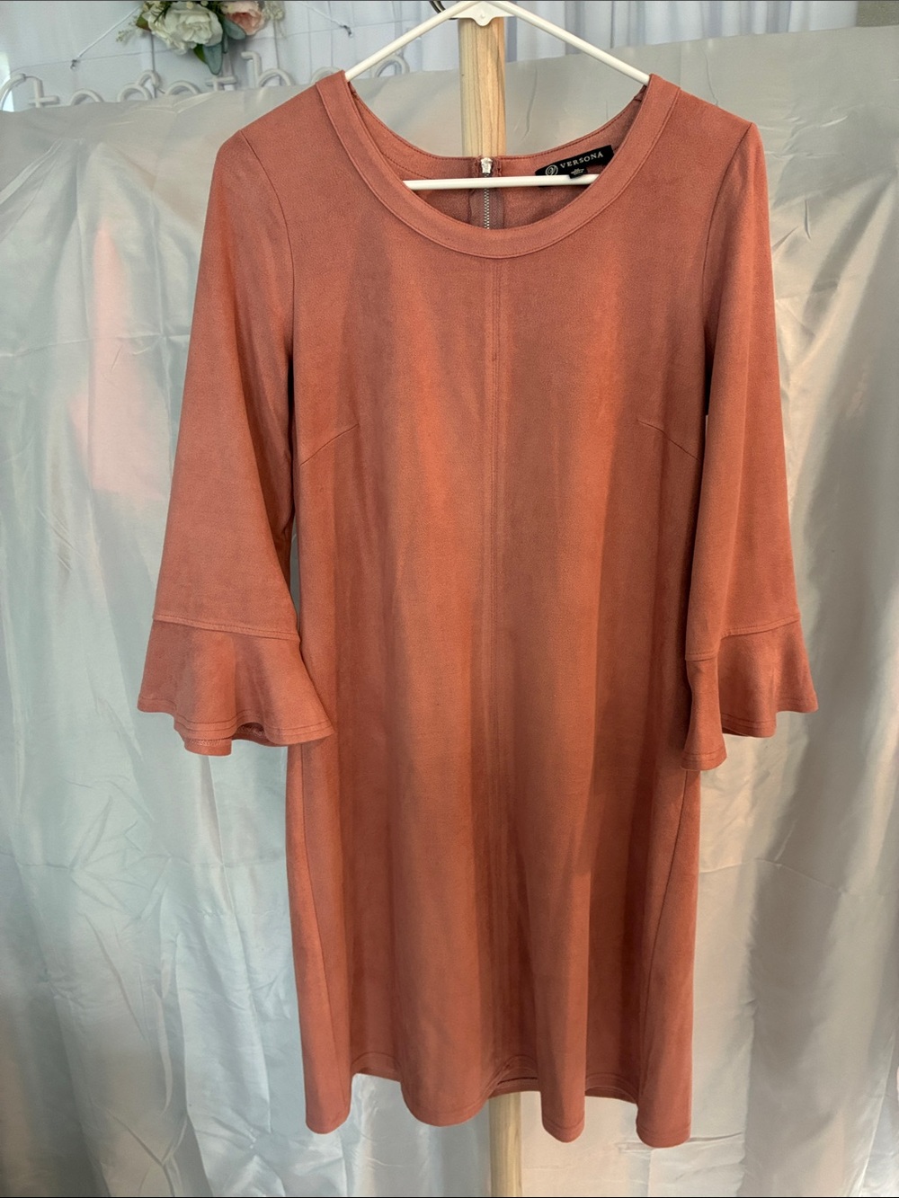Versona Dusty Rose-suede Long Sleeve Ruffle-Sleeve Dress